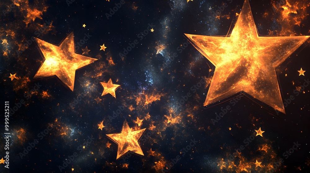 Abstract shapes resembling stars floating in a deep, cosmic background Abstract shapes resembling stars floating in a deep, cosmic background