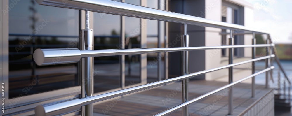 Close-up of a stainless steel railing on a modern balcony, with selective focus and blurred background. Close-up of a stainless steel railing on a modern balcony, with selective focus and blurred background.