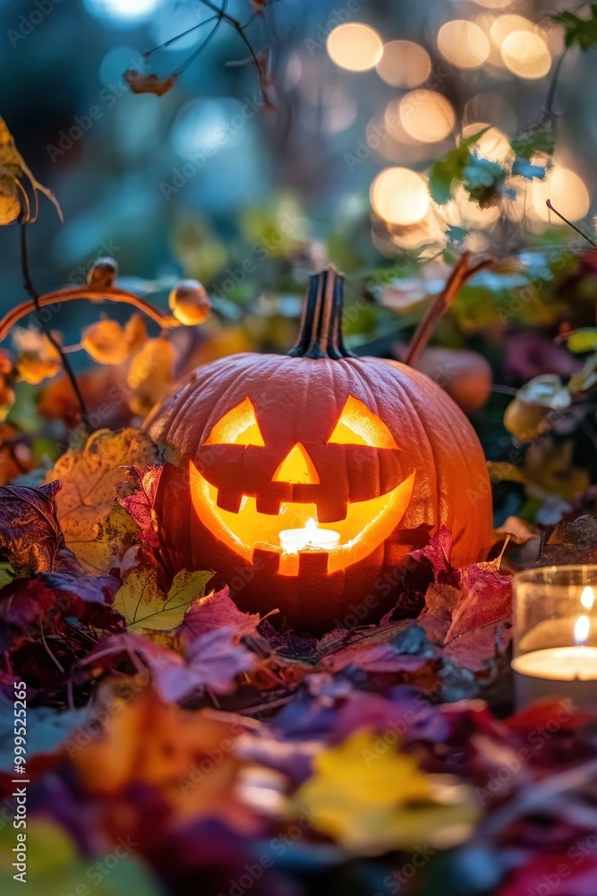 Smiling Carved Pumpkin Among Autumn Leaves Smiling Carved Pumpkin Among Autumn Leaves