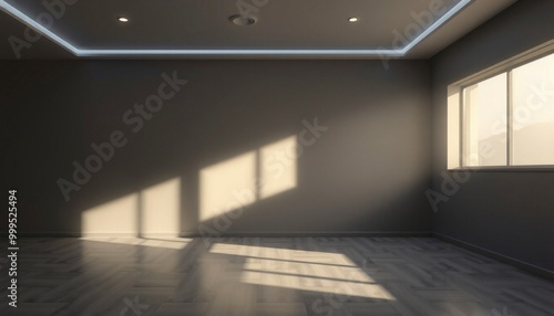 Sunlight streams through a window into an empty room with a gray wall and wooden floor.