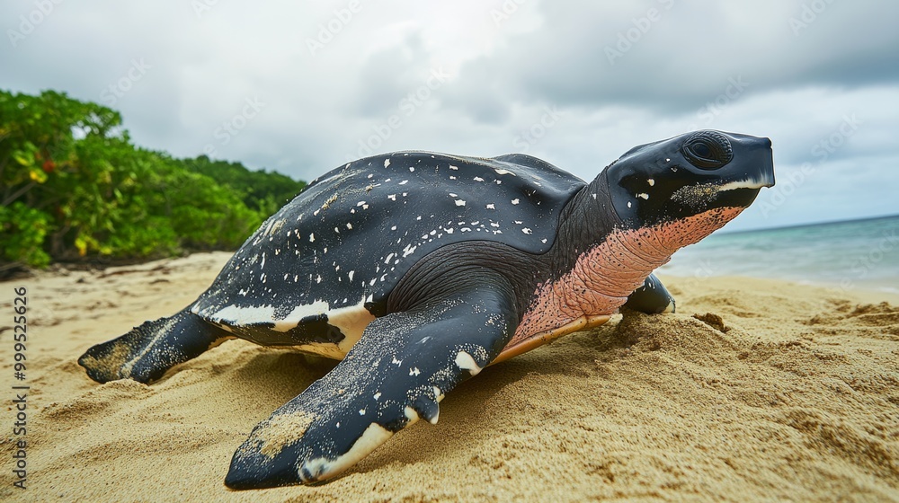 Obraz premium Adult female Leatherback sea turtle (Dermochelys coriacea) on a sandy beach on an island in the Caribbean. Heading back to sea after laying her eggs.
