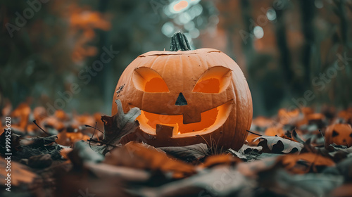 A spooky jack-o-lantern with a carved face sits in a garden
