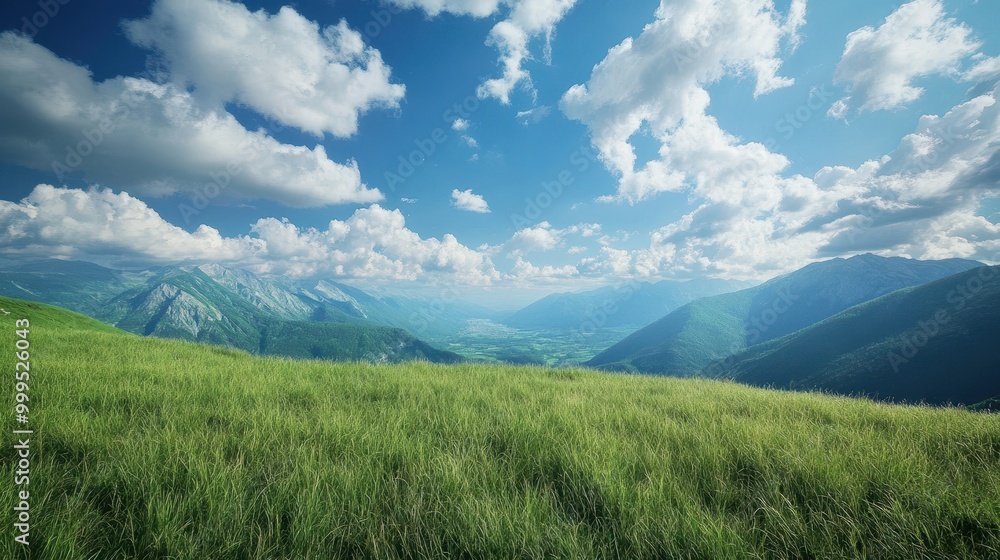 Fototapeta premium Stunning Mountain Landscape with Lush Green Grass and Blue Sky Filled with Fluffy White Clouds