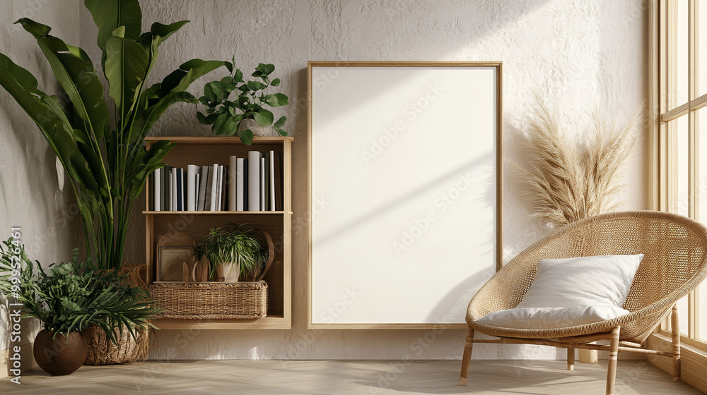 Fototapeta premium Boho Chic Living Room with Rattan Chair Blank Canvas and Plants