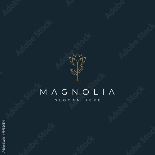 Magnolia flower logo in gold line art design style