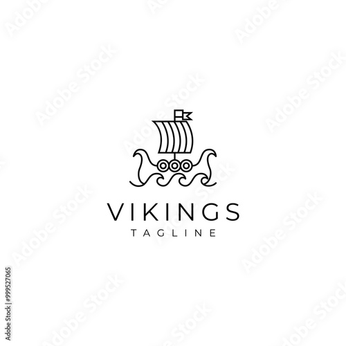viking pirate ship logo in minimalist linear line art design style