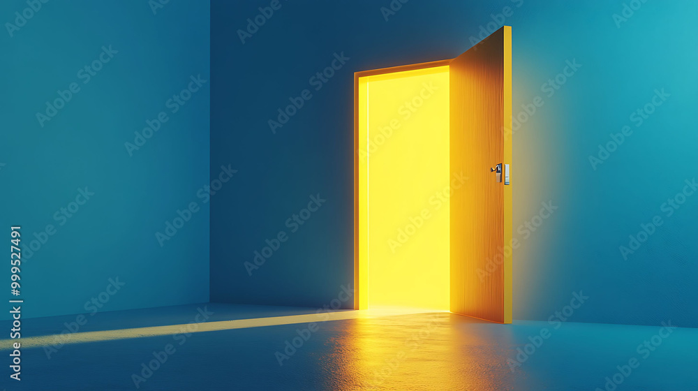 A yellow door opens into a bright light in a blue room, symbolizing opportunity and hope. A yellow door opens into a bright light in a blue room, symbolizing opportunity and hope.