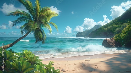 Tropical Beach Paradise with Palm Tree and Crystal Clear Water photo