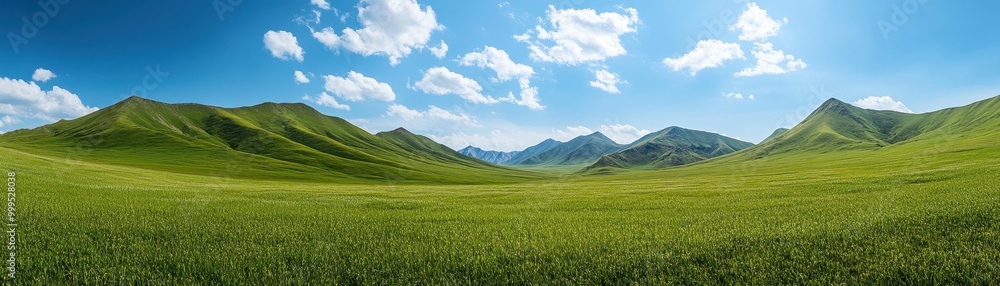 Fototapeta premium Panoramic View of Lush Green Hills and Blue Sky with Fluffy Clouds on a Sunny Day