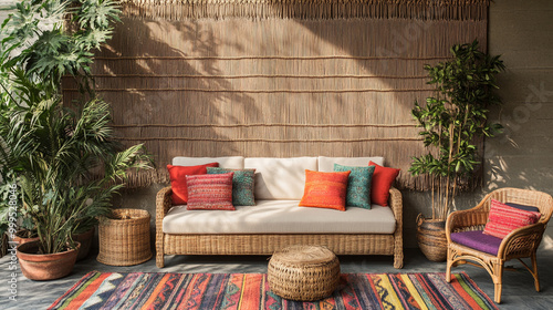 Cozy Rattan Patio Furniture With Colorful Pillows and Plants