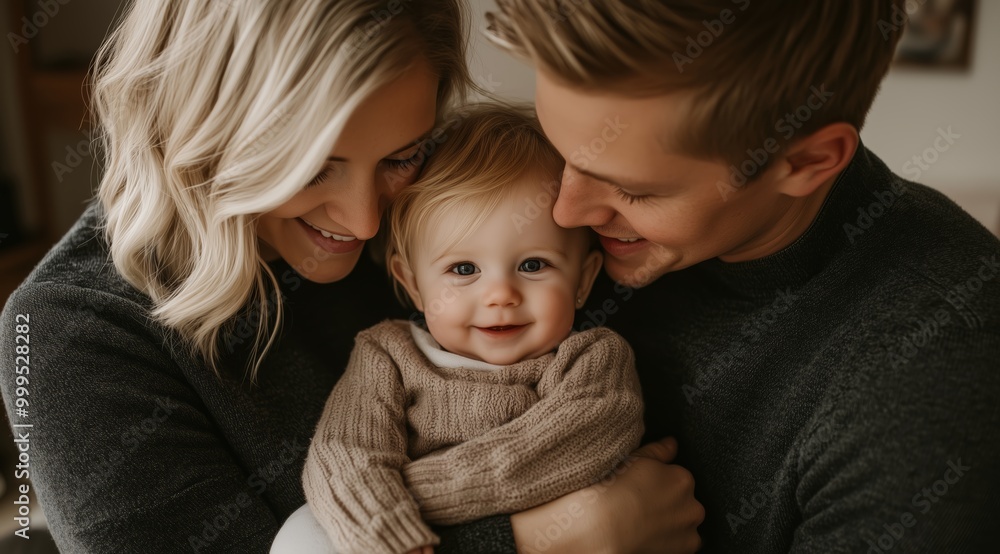 Happy Young Family Hugging Their Baby Girl in Cozy Home Setting with Soft Lighting and Warm Colors Happy Young Family Hugging Their Baby Girl in Cozy Home Setting with Soft Lighting and Warm Colors