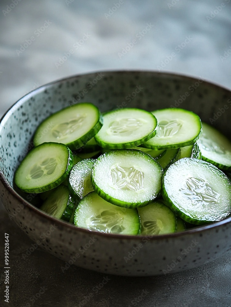 A cucumber-filled bowl rests atop a marble counter, accompanied by a bottle of wine A cucumber-filled bowl rests atop a marble counter, accompanied by a bottle of wine
