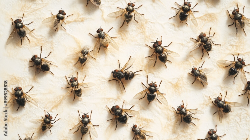 Many flies trapped on the glue surface. Top view of many flies on sticky paper. Fly sticky tape. Many flies trapped on the glue surface. Top view of many flies on sticky paper. Fly sticky tape.
