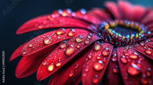   Red flower with water droplets on petals and center