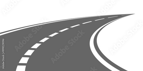 Winding road. Traveling along a curved highway. Background of the road to the horizon in perspective. Curvy asphalt empty line isolated vector concept.