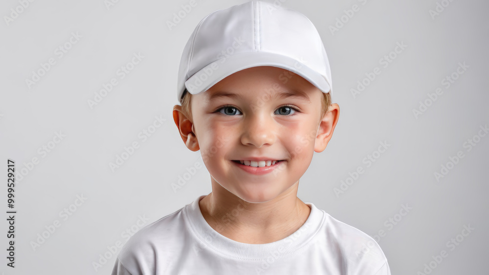 Little boy wearing white t-shirt and white baseball cap isolated on grey background Little boy wearing white t-shirt and white baseball cap isolated on grey background