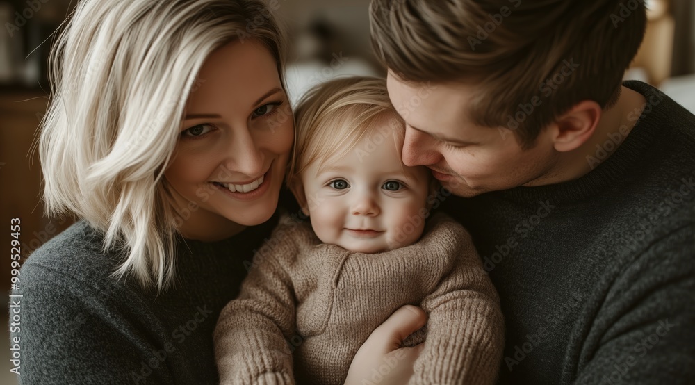 Happy Young Family Hugging Their Baby Girl in Cozy Home Setting with Soft Lighting and Warm Colors Happy Young Family Hugging Their Baby Girl in Cozy Home Setting with Soft Lighting and Warm Colors