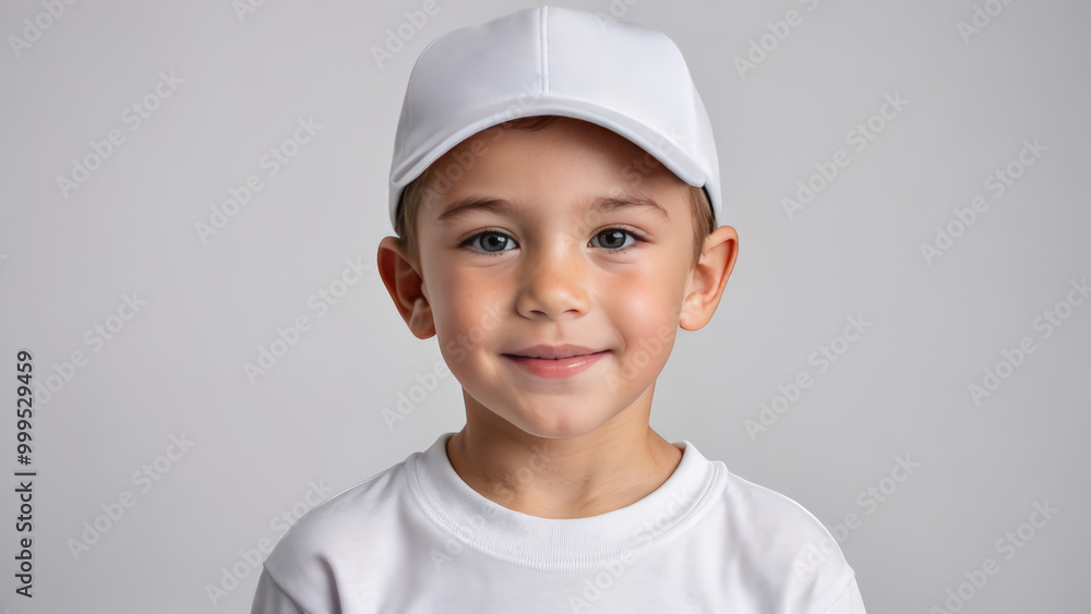 Little boy wearing white t-shirt and white baseball cap isolated on grey background Little boy wearing white t-shirt and white baseball cap isolated on grey background