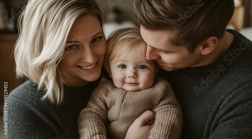 Happy Young Family Hugging Their Baby Girl in Cozy Home Setting with Soft Lighting and Warm Colors