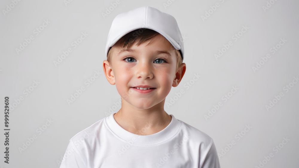 Little boy wearing white t-shirt and white baseball cap isolated on grey background Little boy wearing white t-shirt and white baseball cap isolated on grey background