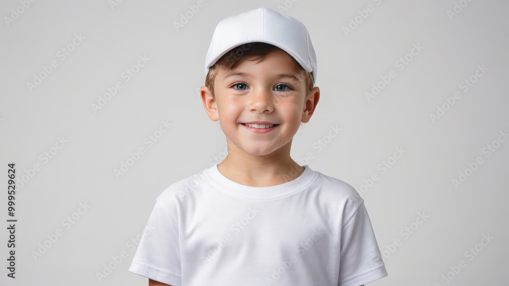 Little boy wearing white t-shirt and white baseball cap isolated on grey background Little boy wearing white t-shirt and white baseball cap isolated on grey background