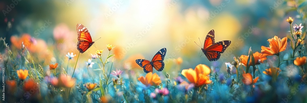 Spring Meadow Bliss, a colorful landscape filled with butterflies, lush greenery, and a softly blurred horizon inviting tranquility and joy Spring Meadow Bliss, a colorful landscape filled with butterflies, lush greenery, and a softly blurred horizon inviting tranquility and joy