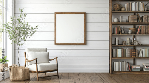 White Wall Room Interior Design with Mockup Frame and Bookshelf