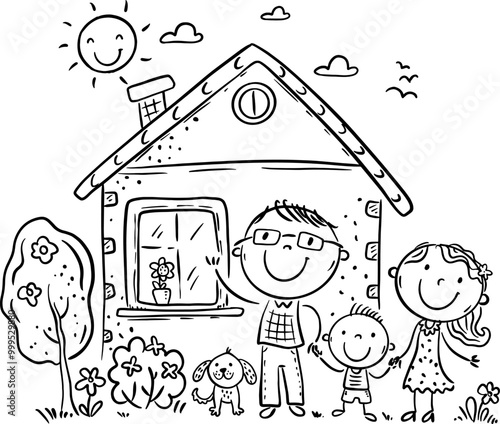 Outline illustration of cartoon family with son standing in a row near house in garden. Parents with child and puppy standing outdoor