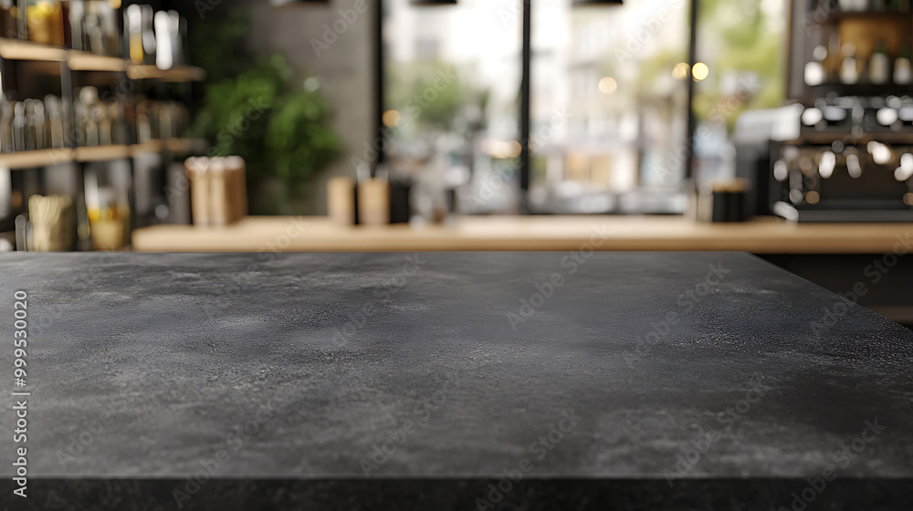 A dark countertop with a blurry cafe background. A dark countertop with a blurry cafe background.