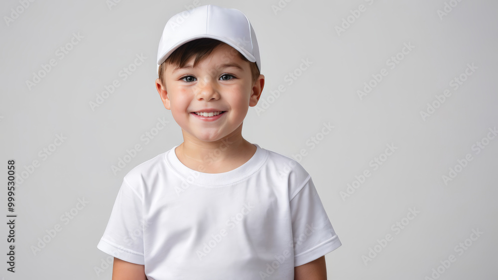 Little boy wearing white t-shirt and white baseball cap isolated on grey background