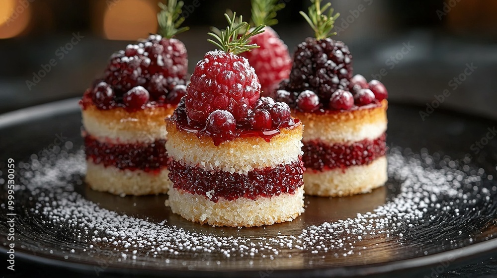 A black plate with mini cakes topped in raspberry sauce and garnished with fresh rosemary A black plate with mini cakes topped in raspberry sauce and garnished with fresh rosemary