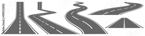 Lots of winding roads. Traveling along a curved highway. Background of the road to the horizon in perspective. Curvy asphalt empty line isolated vector concept.