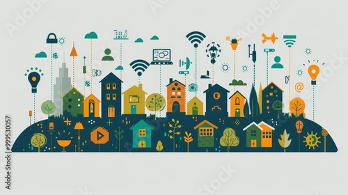 Abstract illustration of a smart city with buildings, trees and icons representing technology and sustainability.