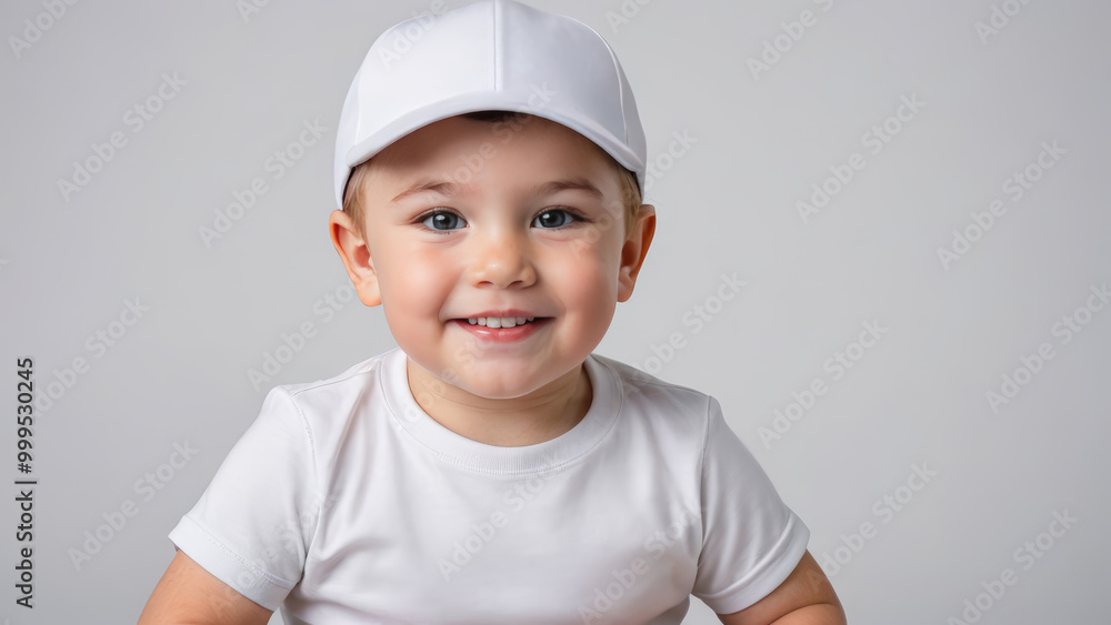 Little boy wearing white t-shirt and white baseball cap isolated on grey background Little boy wearing white t-shirt and white baseball cap isolated on grey background