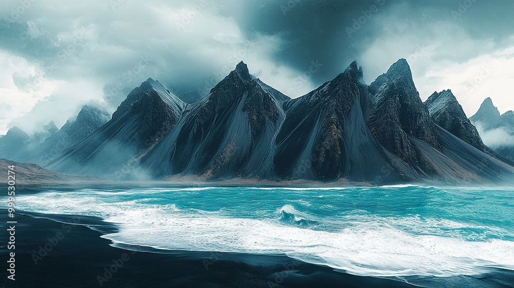 A mountain range is depicted in the middle of a water body surrounded by waves A mountain range is depicted in the middle of a water body surrounded by waves