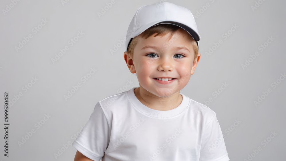 Little boy wearing white t-shirt and white baseball cap isolated on grey background Little boy wearing white t-shirt and white baseball cap isolated on grey background