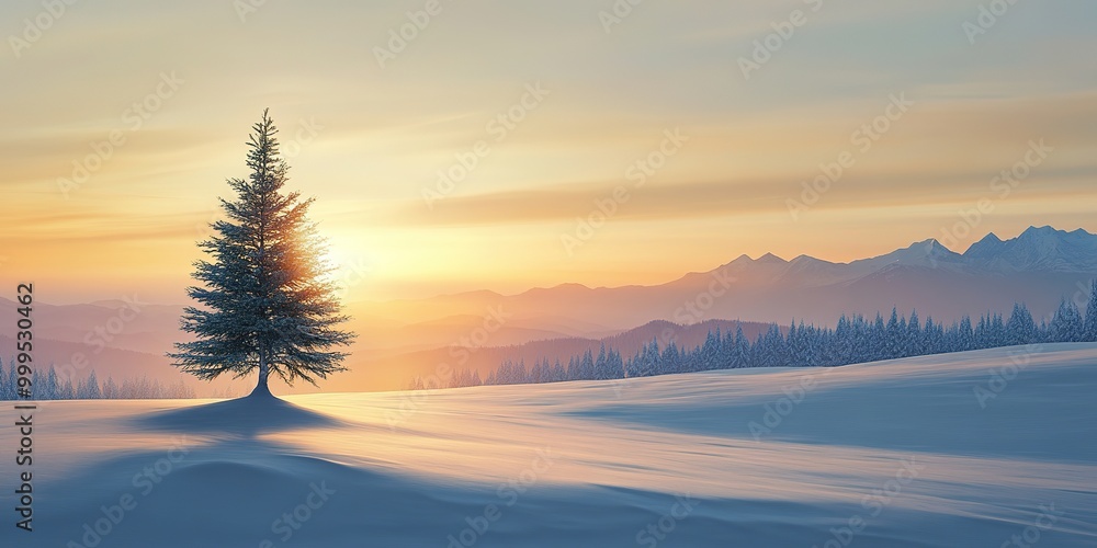 Golden morning sun shines on snow-covered pine trees and distant snowy mountains Golden morning sun shines on snow-covered pine trees and distant snowy mountains