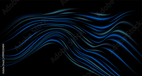 Curved blue neon light effect isolated on dark background. Flowing, wavy glowing lines with abstract design. Graphical patch of reflected light. Lens flare. Vector illustration.