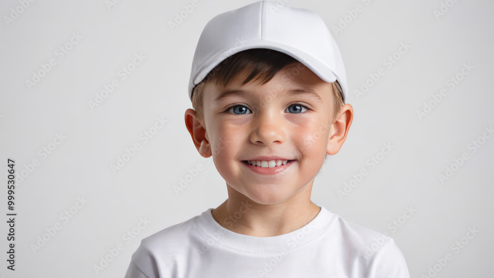 Little boy wearing white t-shirt and white baseball cap isolated on grey background Little boy wearing white t-shirt and white baseball cap isolated on grey background