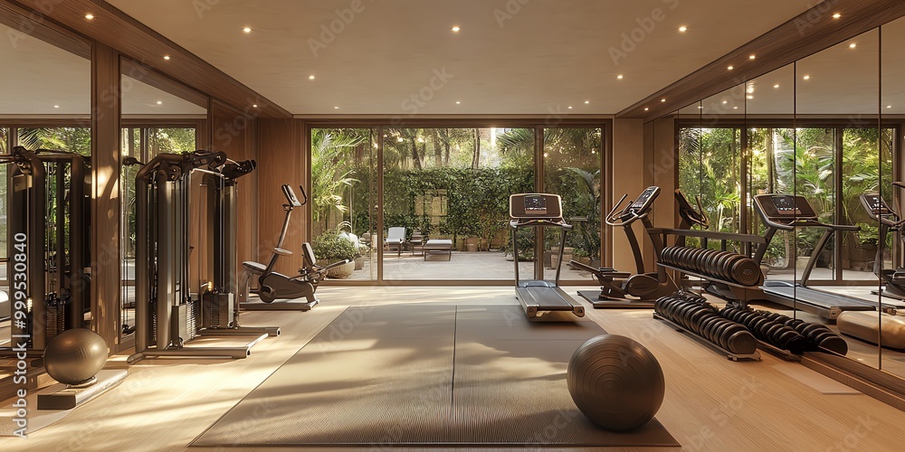 Modern gym interior with exercise equipment and a view of a lush green courtyard. Modern gym interior with exercise equipment and a view of a lush green courtyard.