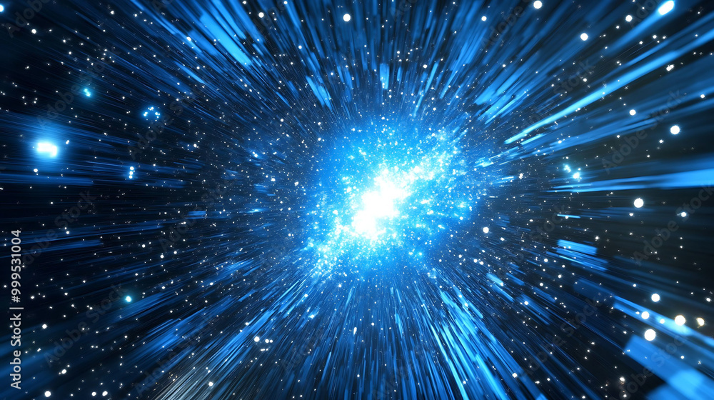 Naklejka premium Abstract blue light streaks radiating outward from a central point, resembling a starburst or supernova.
