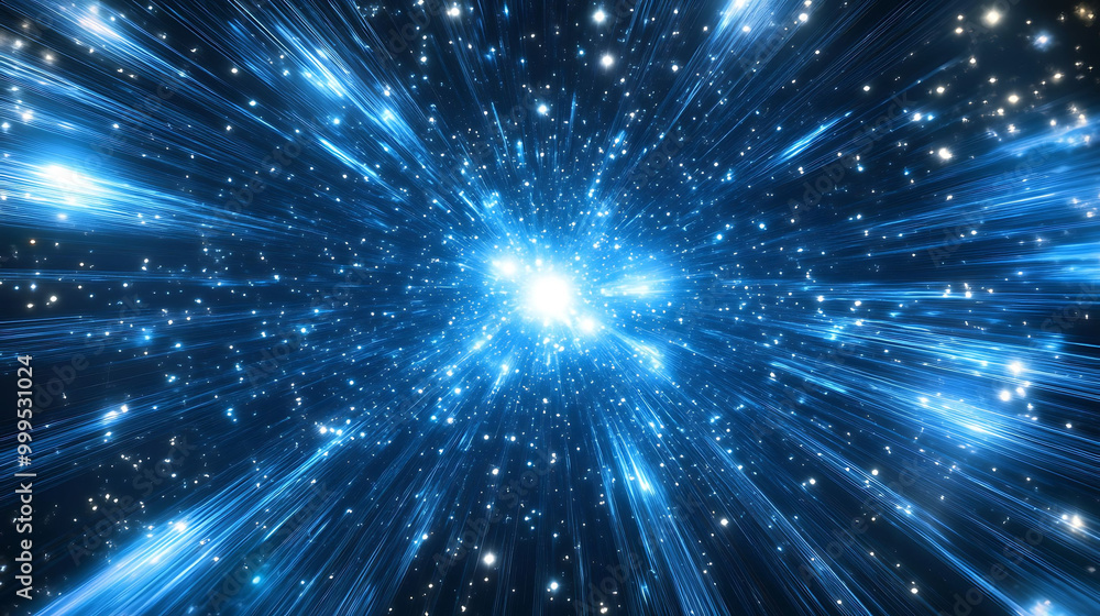 Fototapeta premium Abstract blue background with glowing light rays and stars.