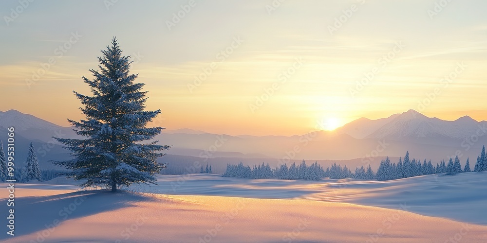 Morning sun casts warm light on pine trees and snowy mountains in a peaceful winter landscape Morning sun casts warm light on pine trees and snowy mountains in a peaceful winter landscape
