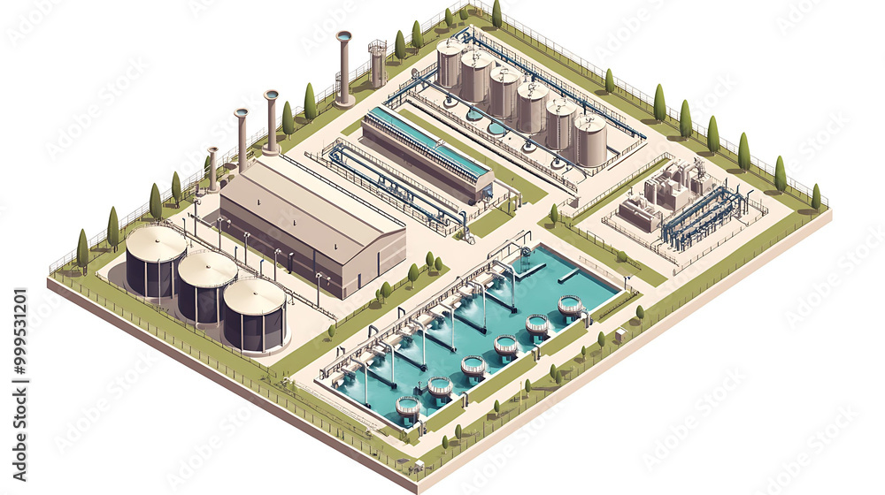 Isometric illustration of a water treatment plant with various buildings and tanks. Isometric illustration of a water treatment plant with various buildings and tanks.