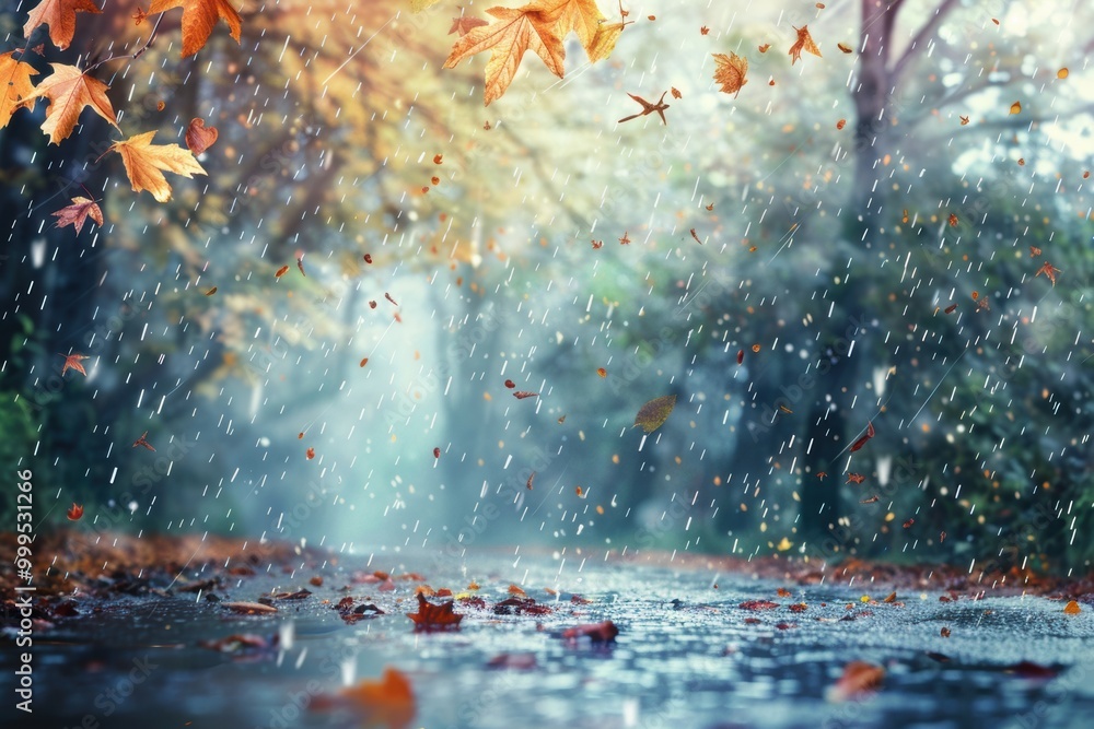 Fototapeta premium Autumn rainy day with orange leaves, wet streets, misty paths, and soft drizzle.
