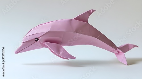 create An origami A Cute Dolphin: Highly intelligent and playful marine mammals , in a graceful pose, with intricate folds in detail. The setting should be playful and endearing, with soft pastel-colo