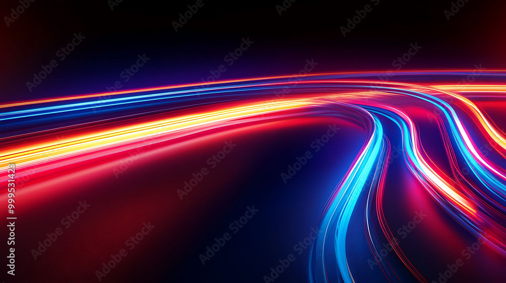 Abstract image of red, blue, and yellow light trails on a black background, creating a sense of speed and movement. Abstract image of red, blue, and yellow light trails on a black background, creating a sense of speed and movement.