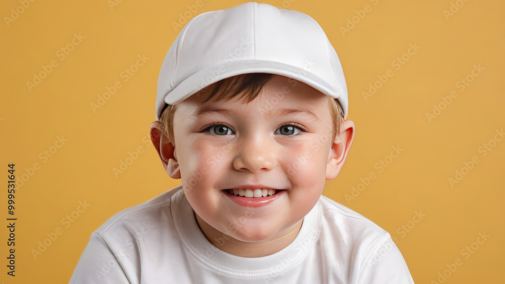 Little boy wearing white t-shirt and white baseball cap isolated on yellow background Little boy wearing white t-shirt and white baseball cap isolated on yellow background