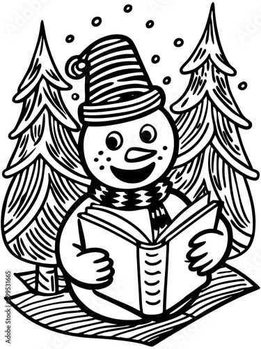 Smiling Snowman Reading Book in Winter Forest Illustration