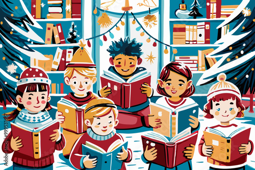 Diverse Children Reading Together in Cozy Winter Setting